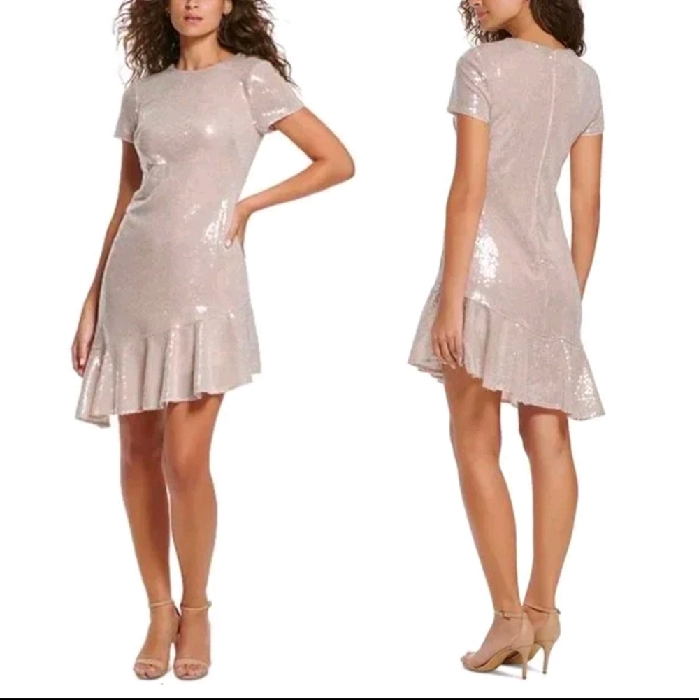 NWT Eliza J Elegant Sequin Asymmetric Sheath Dress in Blush size 8